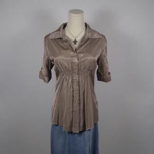 Forever 21 Satin Smocked Waist Button Up Shirt Taupe Size M